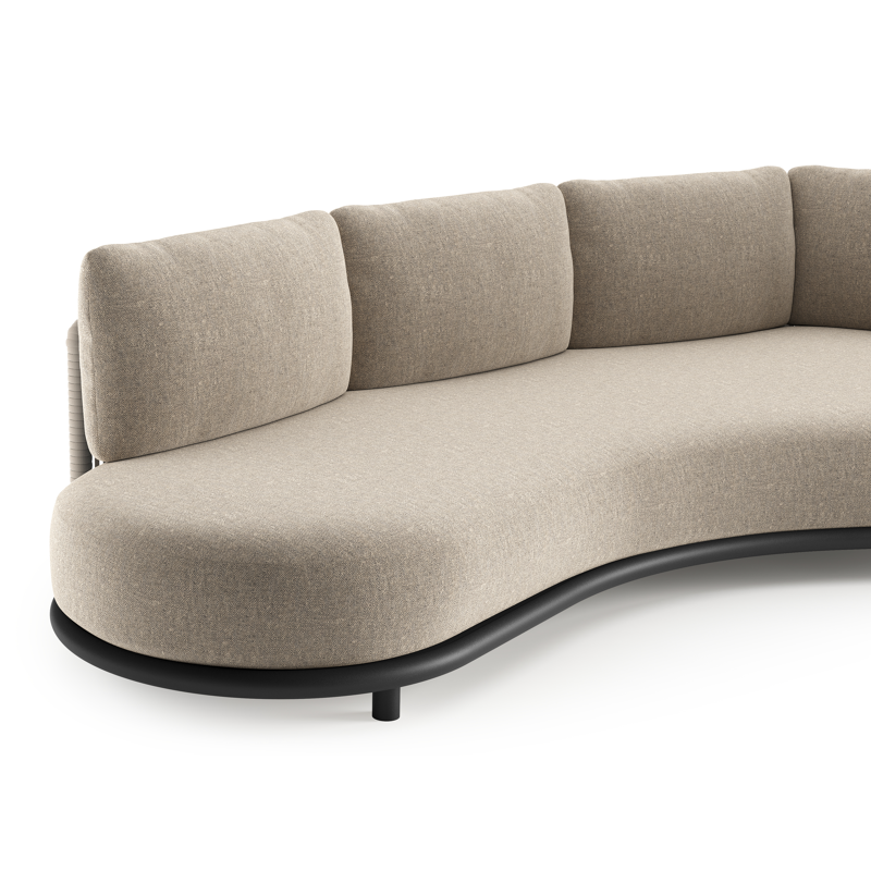 Canapé de jardin Lomano en aluminium noir et corde luxe plate tissée verticalement beige et coussins en all weather sunbrella® luxe chartres pewter