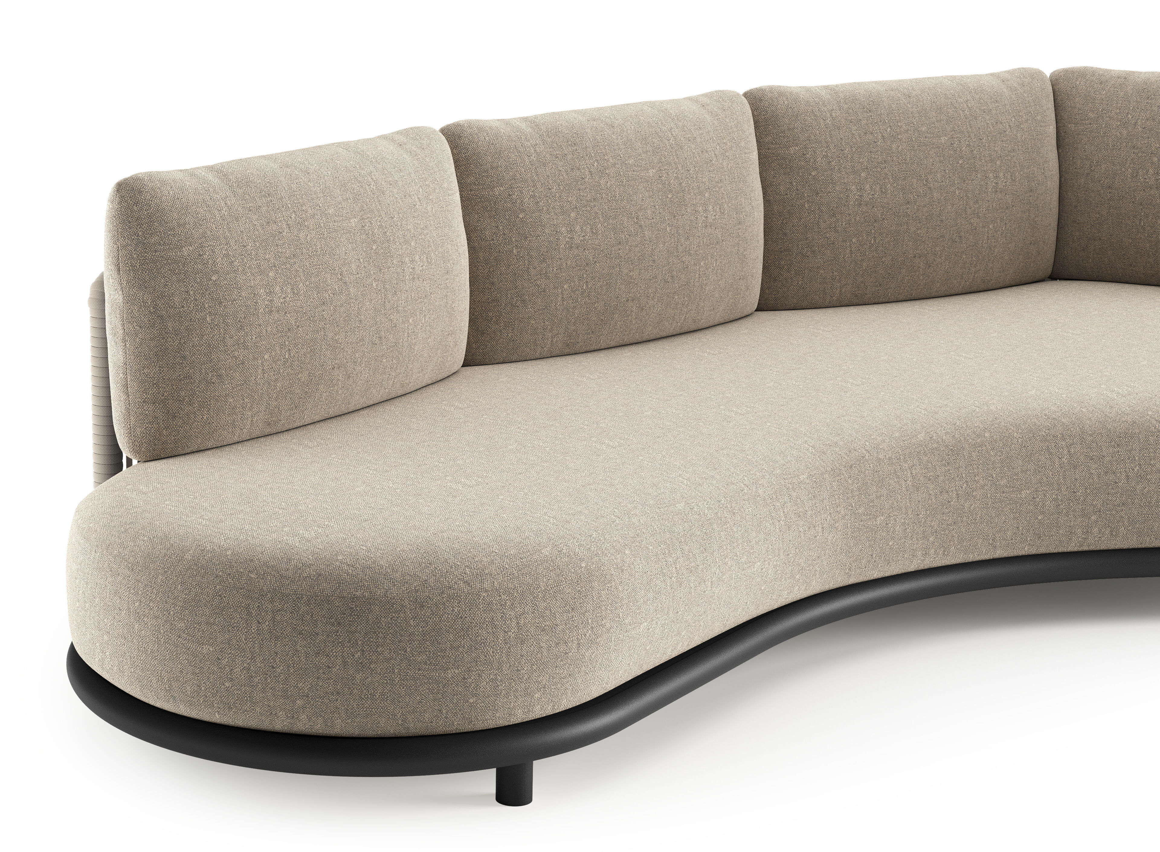 Lomano loungebank in zwart aluminium en beige verticaal geweven luxe vlakke rope met chartres pewter all weather sunbrella® luxe kussen