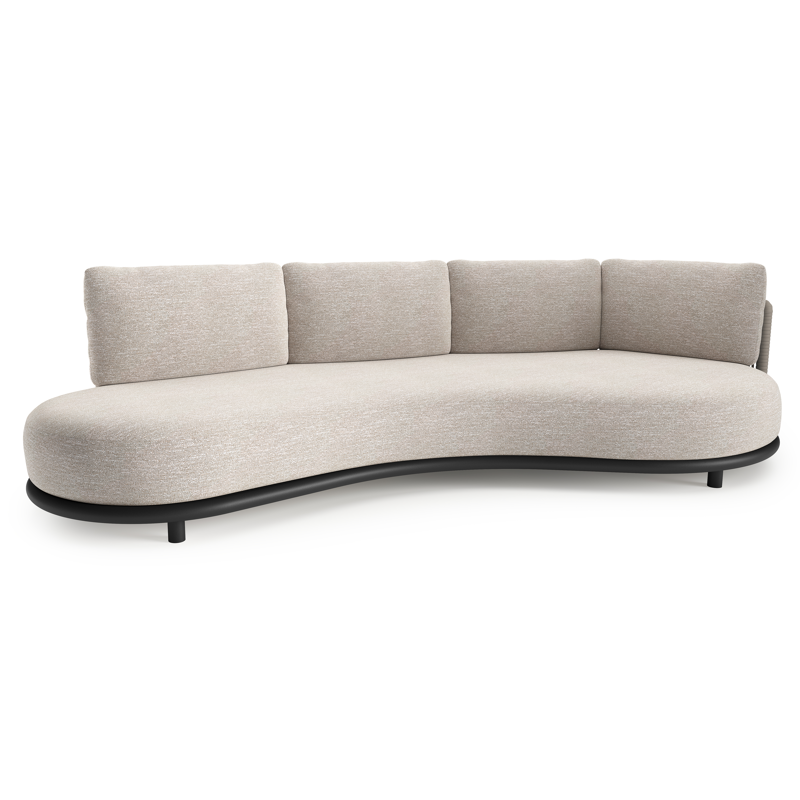 Lomano loungebank in zwart aluminium en beige verticaal geweven luxe vlakke rope met tundra sand all weather sunbrella® luxe kussen
