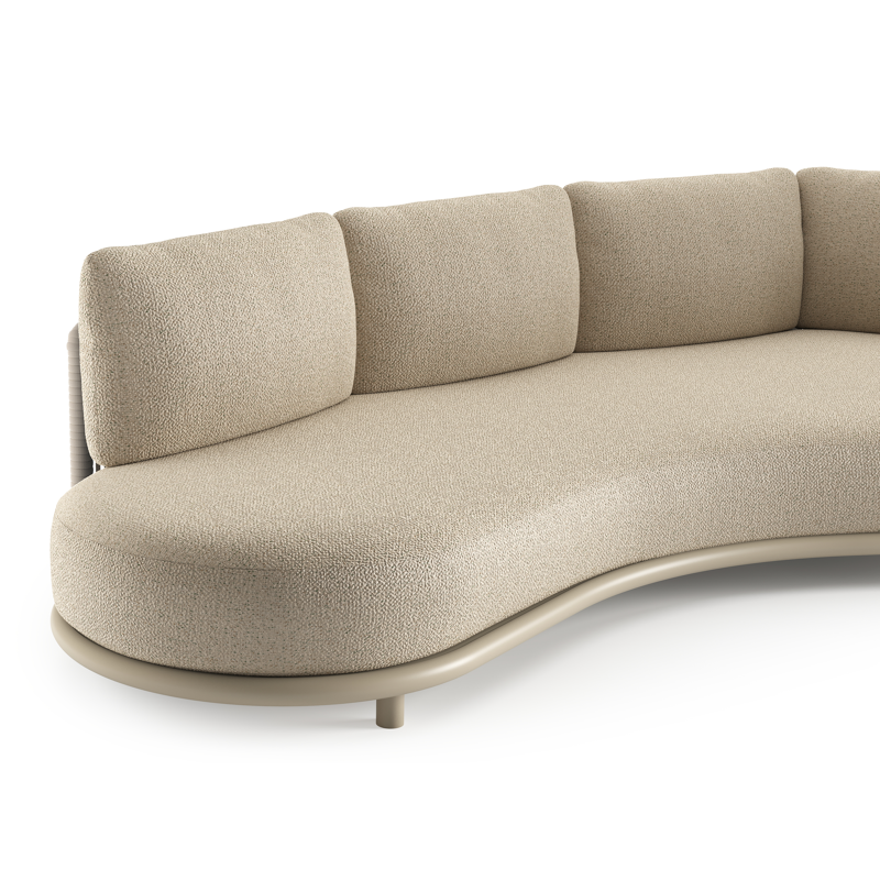 Lomano loungebank in beige aluminium en beige verticaal geweven luxe vlakke rope met bora forest all weather cosytica kussen