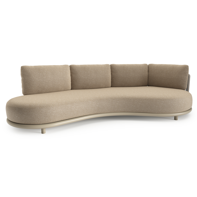 Lomano loungebank in beige aluminium en beige verticaal geweven luxe vlakke rope met madagascar oak all weather cosytica kussen
