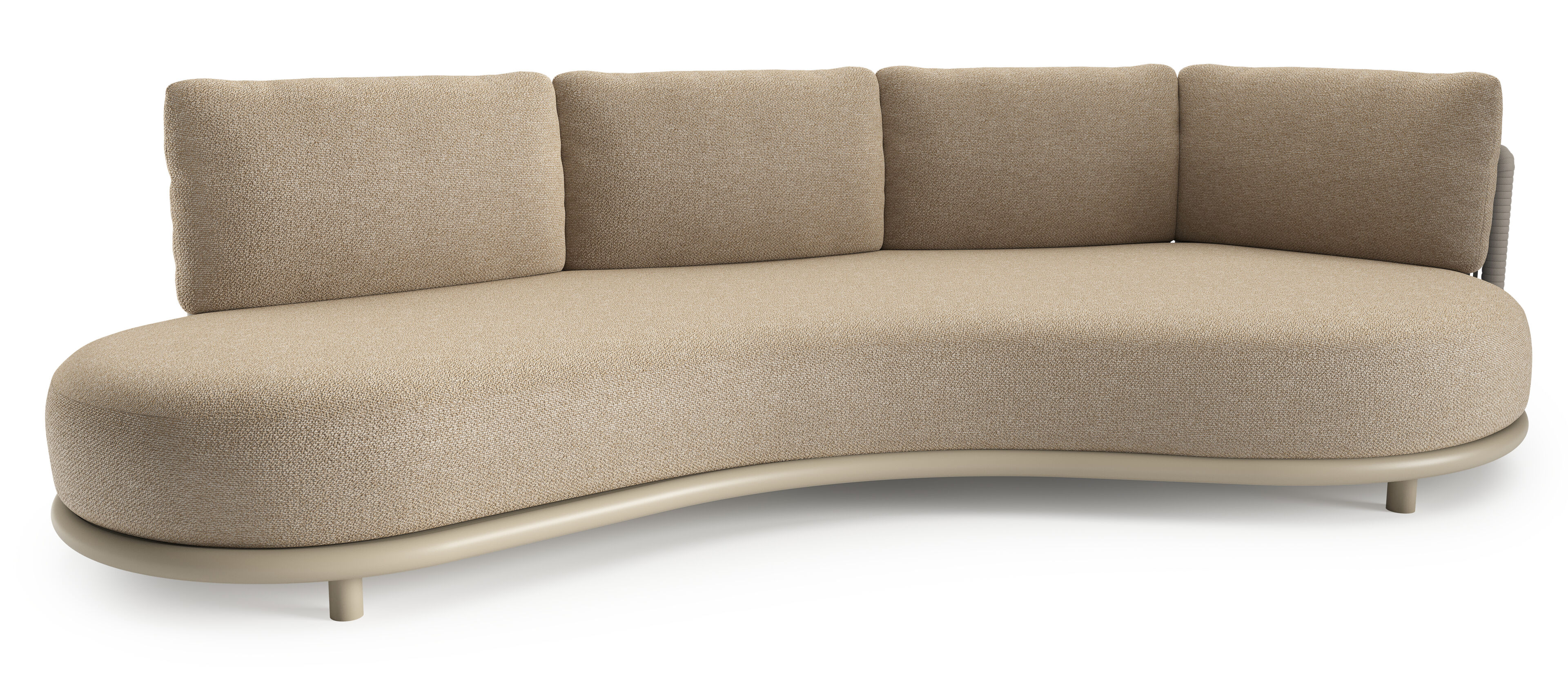 Lomano loungebank in beige aluminium en beige verticaal geweven luxe vlakke rope met madagascar oak all weather cosytica kussen