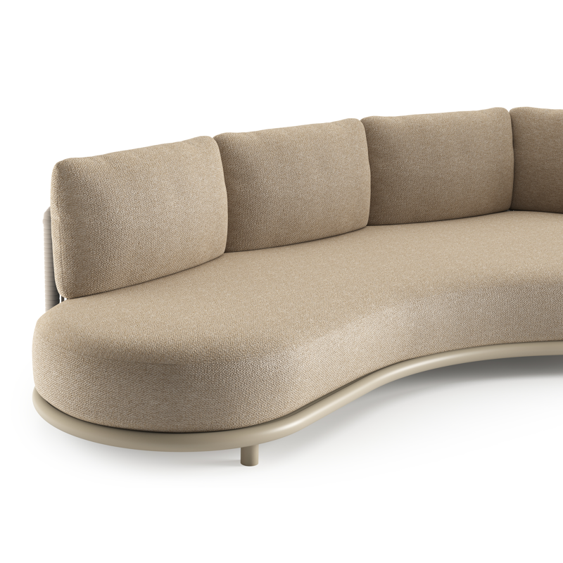 Lomano loungebank in beige aluminium en beige verticaal geweven luxe vlakke rope met madagascar oak all weather cosytica kussen
