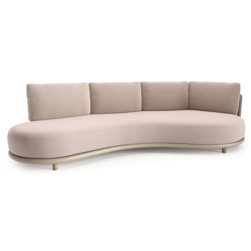 Canapé de jardin Lomano en aluminium beige et corde luxe plate tissée verticalement beige et coussins en all weather sunbrella® luxe wander pilat