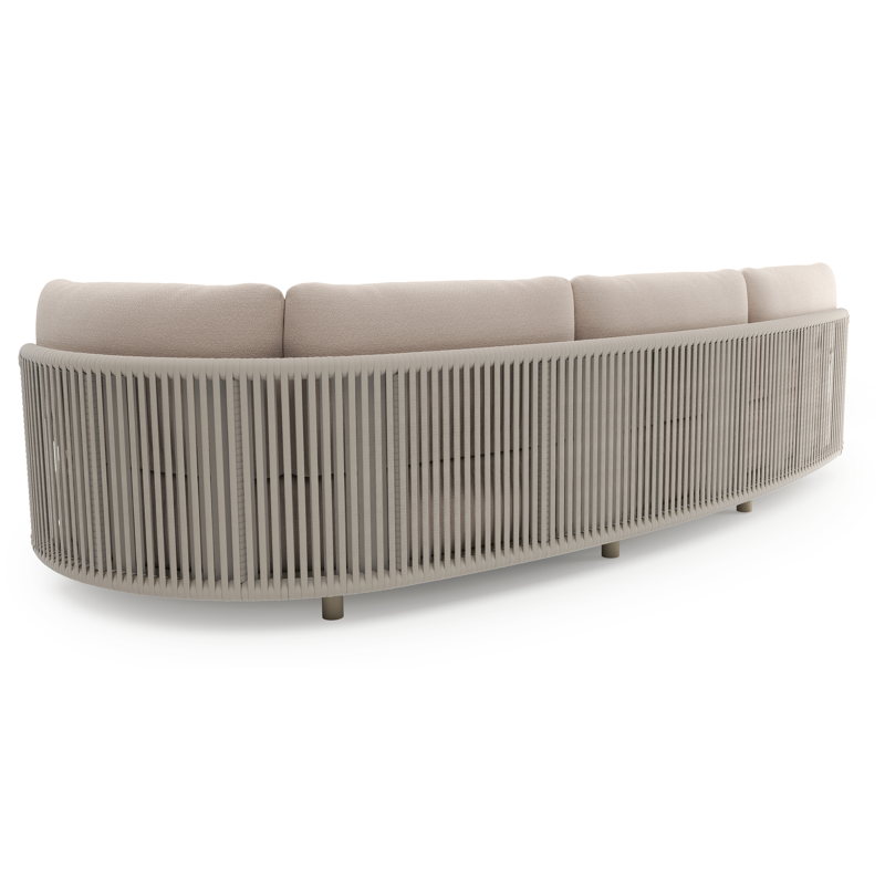 Canapé de jardin Lomano en aluminium beige et corde luxe plate tissée verticalement beige et coussins en all weather sunbrella® luxe wander pilat
