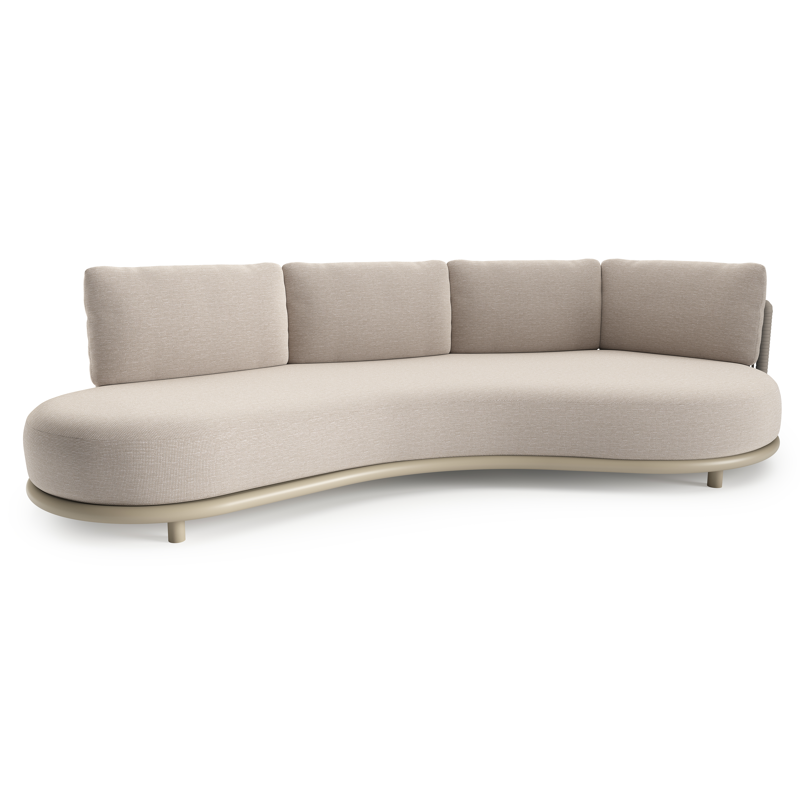 Canapé de jardin Lomano en aluminium beige et corde luxe plate tissée verticalement beige et coussins en all weather sunbrella® luxe slow farafra
