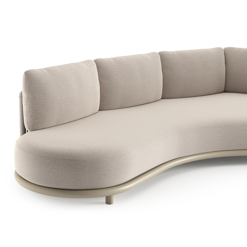 Canapé de jardin Lomano en aluminium beige et corde luxe plate tissée verticalement beige et coussins en all weather sunbrella® luxe slow farafra