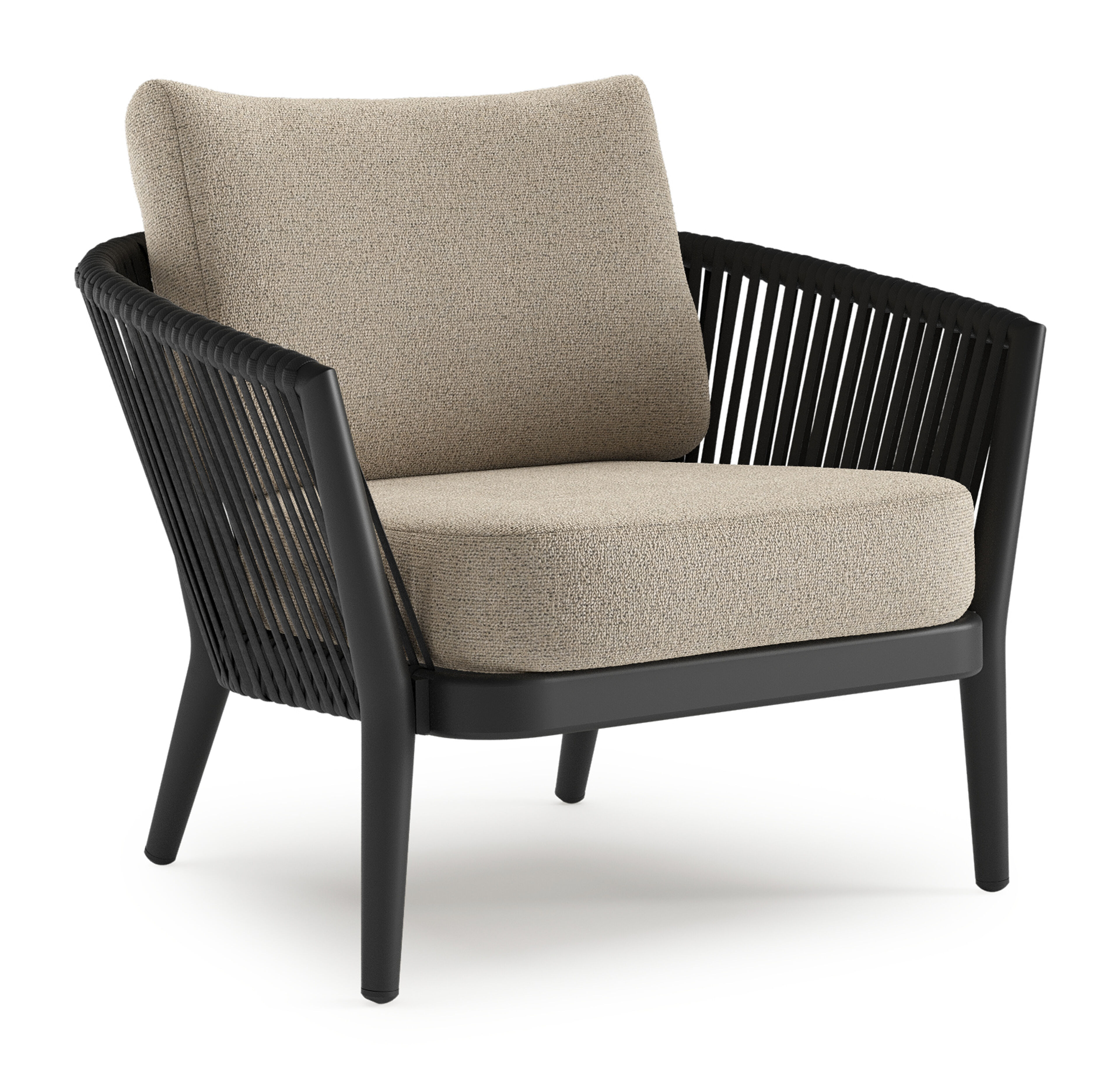 Fauteuil de jardin Orso en aluminium noir en corde luxe plate tissée verticalement noir et coussins en all weather cosytica Marbella Beige