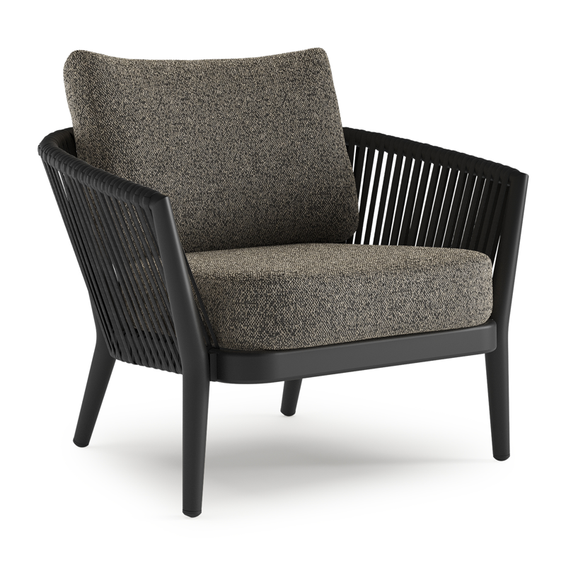 Orso loungestoel in zwart aluminium en zwart verticaal geweven luxe vlakke rope met Marbella Tunder all weather cosytica kussen
