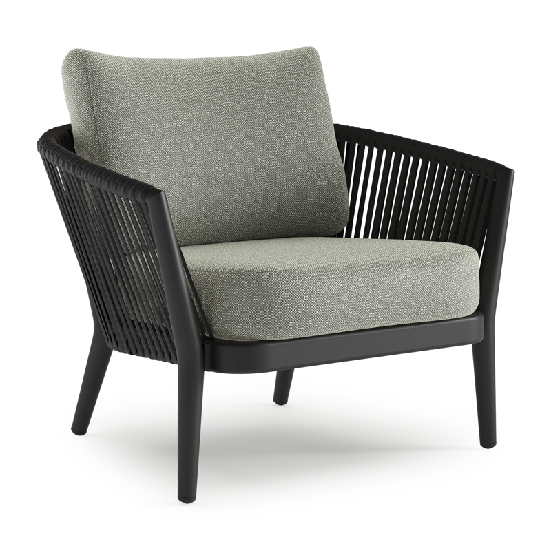 Orso loungestoel in zwart aluminium en zwart verticaal geweven luxe vlakke rope met Savane Leaf all weather sunbrella® luxe kussen