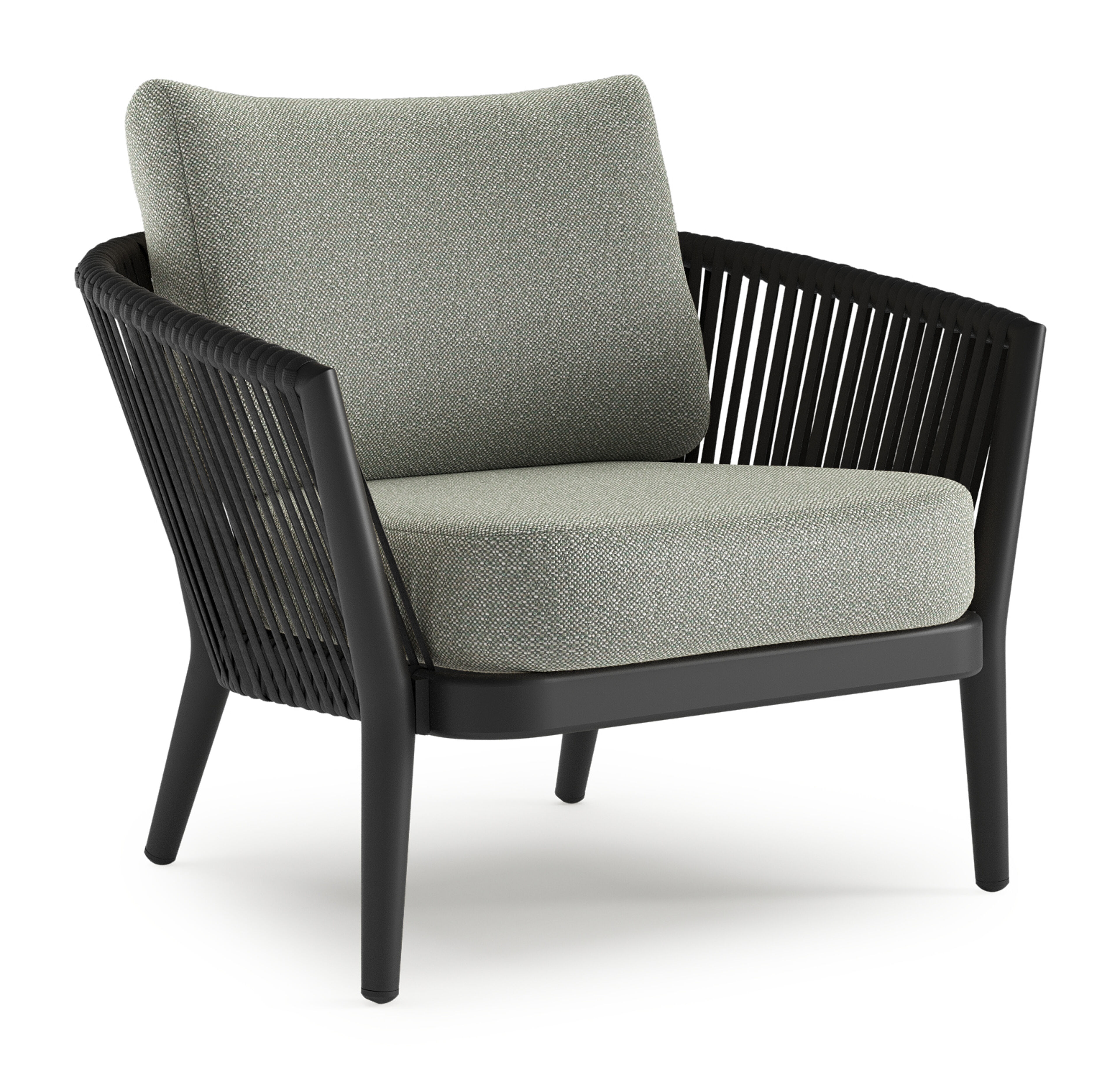 Orso loungestoel in zwart aluminium en zwart verticaal geweven luxe vlakke rope met Savane Leaf all weather sunbrella® luxe kussen