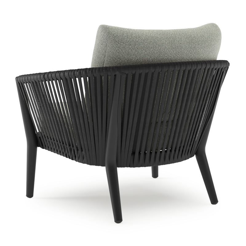 Orso loungestoel in zwart aluminium en zwart verticaal geweven luxe vlakke rope met Savane Leaf all weather sunbrella® luxe kussen
