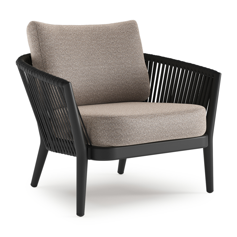 Orso loungestoel in zwart aluminium en zwart verticaal geweven luxe vlakke rope met Wander Manioc all weather sunbrella® luxe kussen