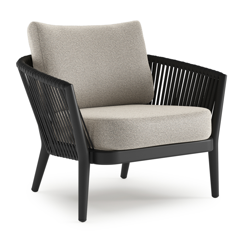 Orso loungestoel in zwart aluminium en zwart verticaal geweven luxe vlakke rope met Firenze Sand all weather solica kussen