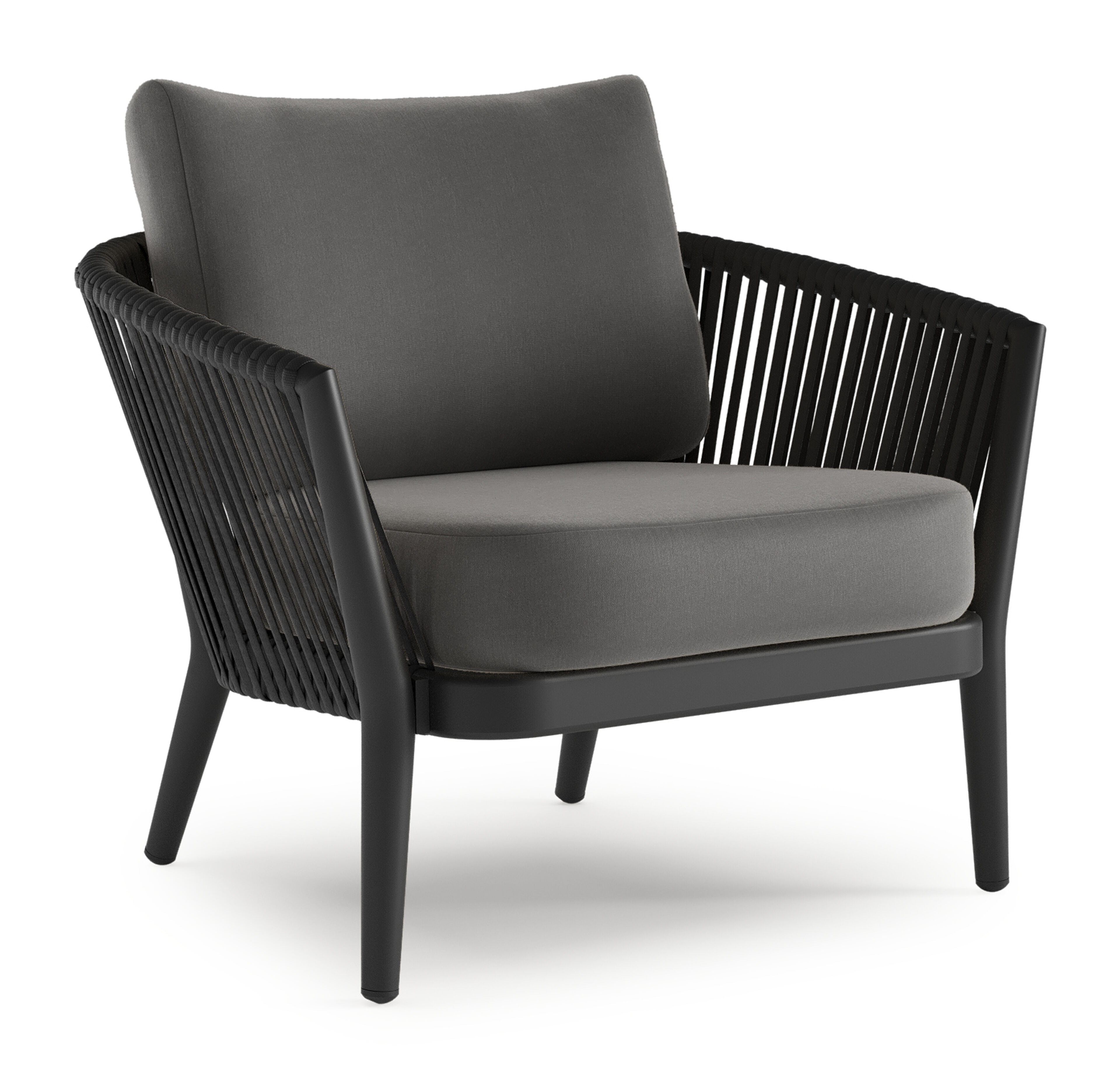 Orso loungestoel 1-zit in zwart aluminium en zwart verticaal geweven luxe vlakke rope met natte charcoal chine all weather sunbrella® luxe kussen