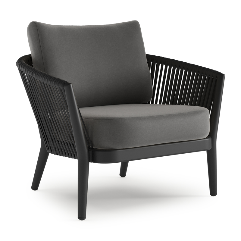 Orso loungestoel 1-zit in zwart aluminium en zwart verticaal geweven luxe vlakke rope met natte charcoal chine all weather sunbrella® luxe kussen