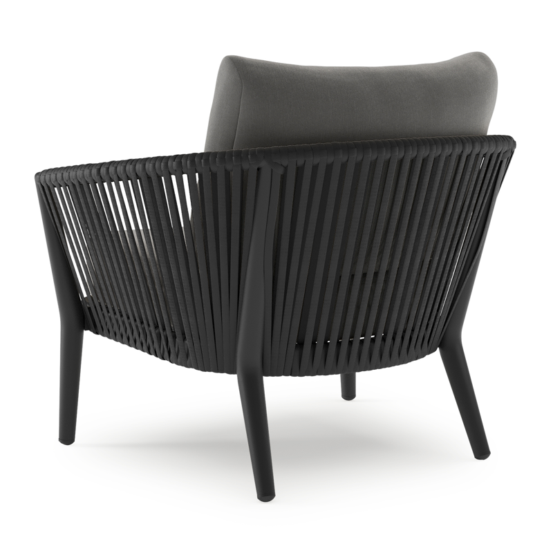 Orso loungestoel 1-zit in zwart aluminium en zwart verticaal geweven luxe vlakke rope met natte charcoal chine all weather sunbrella® luxe kussen