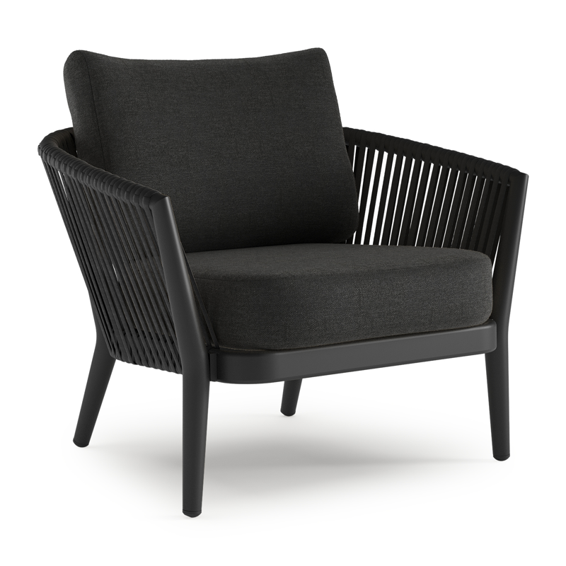 Orso loungestoel in zwart aluminium en verticaal geweven luxe vlakke rope met chartres sooty all weather sunbrella® luxe kussen