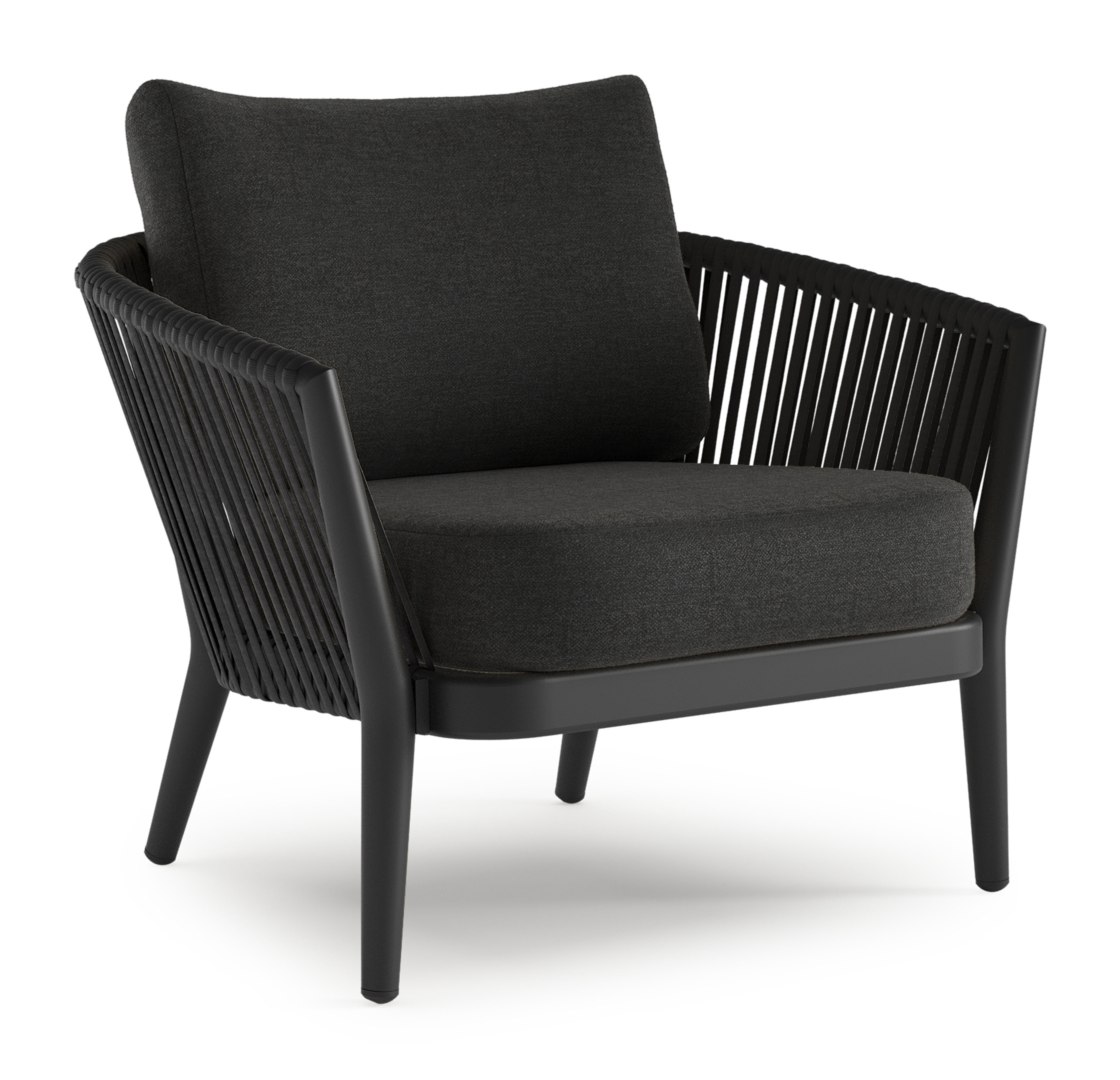 Orso loungestoel in zwart aluminium en verticaal geweven luxe vlakke rope met chartres sooty all weather sunbrella® luxe kussen