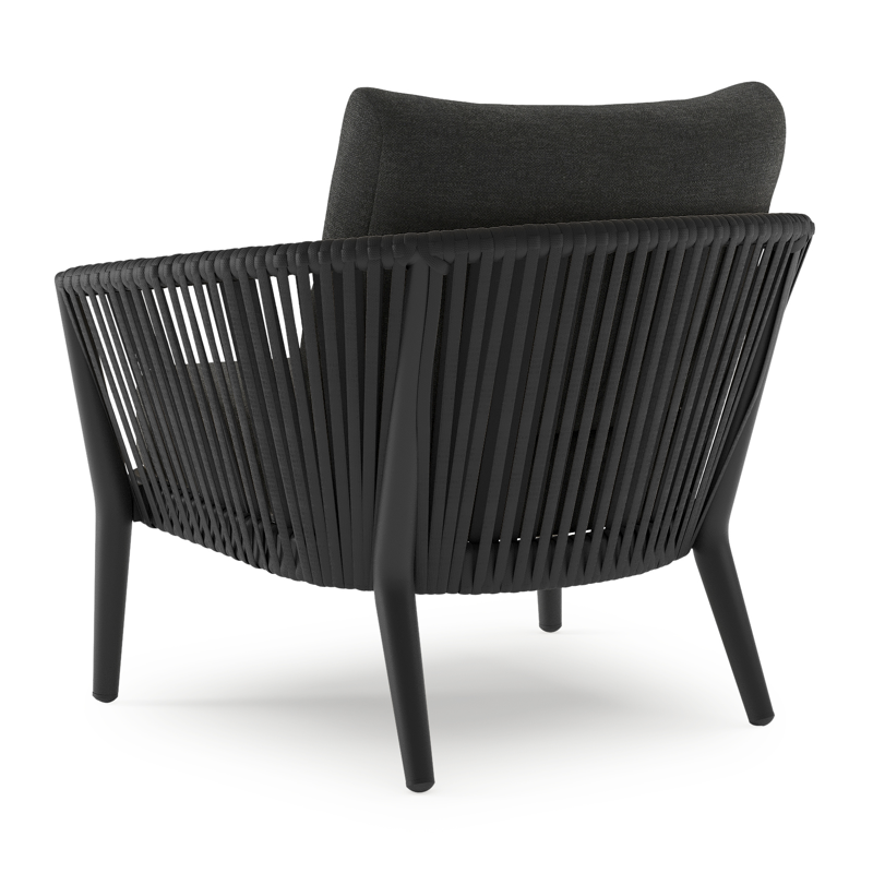 Orso loungestoel in zwart aluminium en verticaal geweven luxe vlakke rope met chartres sooty all weather sunbrella® luxe kussen