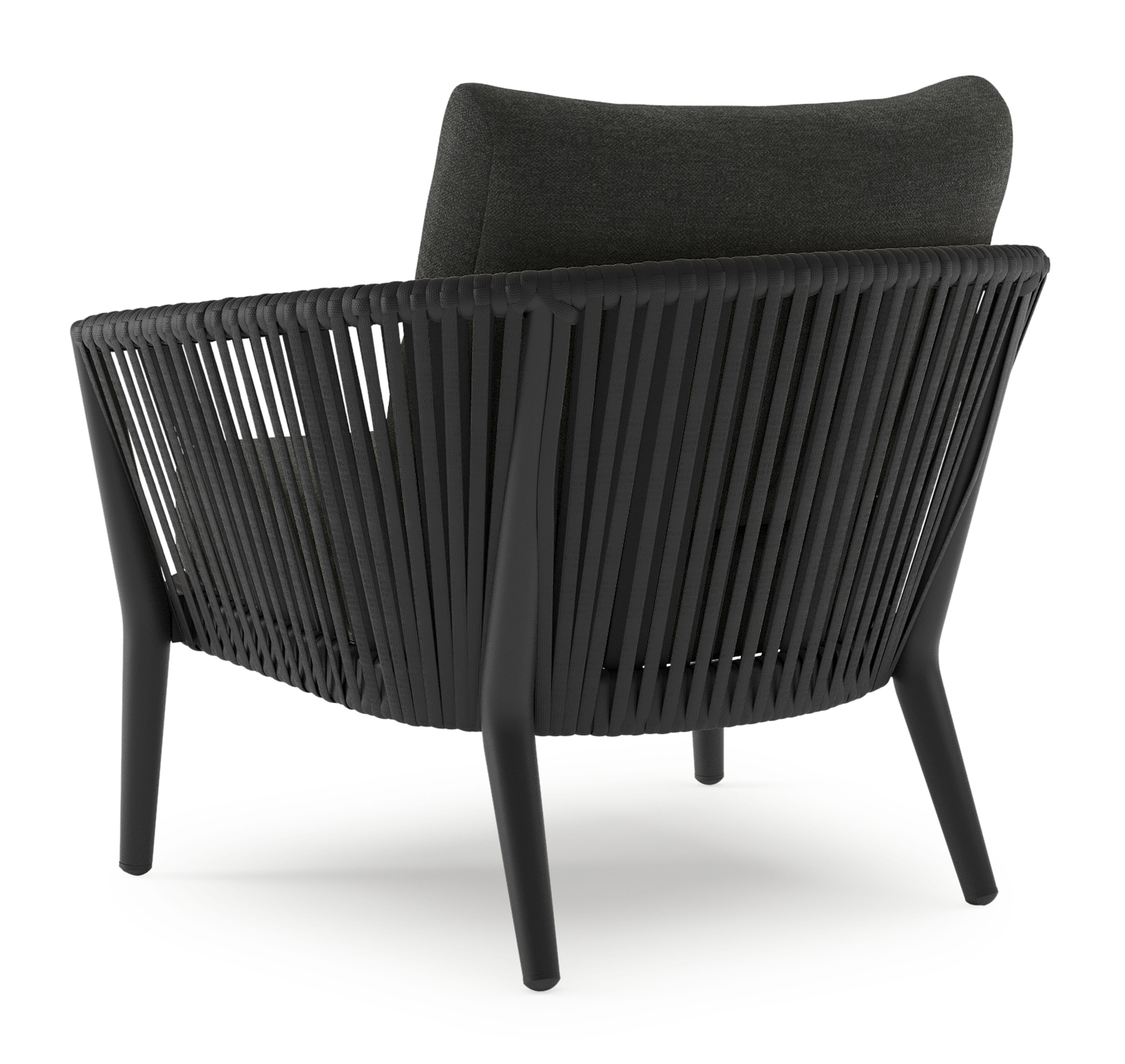 Orso loungestoel in zwart aluminium en verticaal geweven luxe vlakke rope met chartres sooty all weather sunbrella® luxe kussen