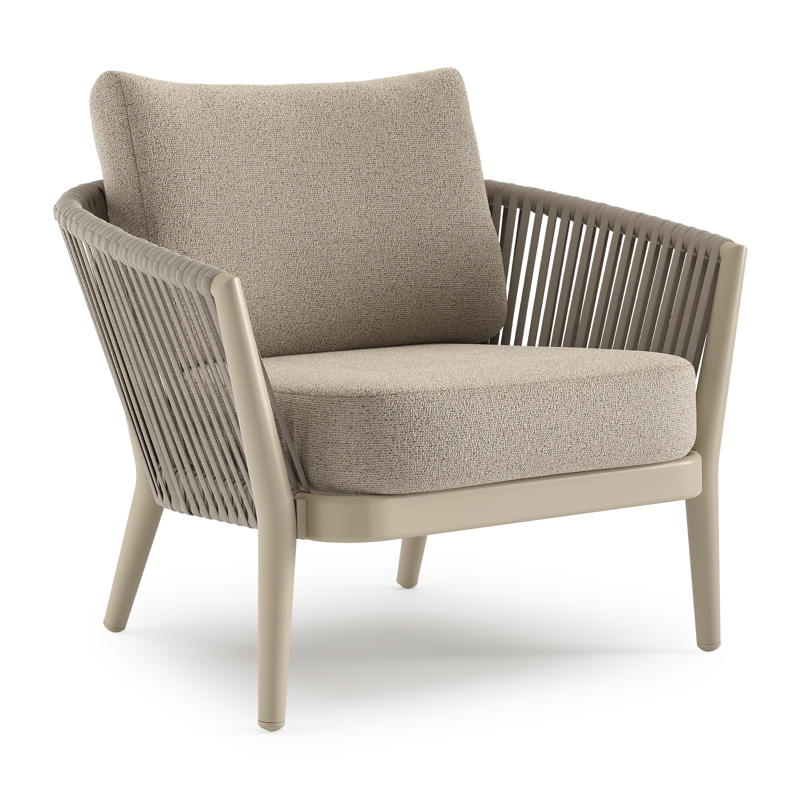 Orso loungestoel in beige aluminium en beige verticaal geweven luxe vlakke rope met Marbella Beige all weather cosytica kussen
