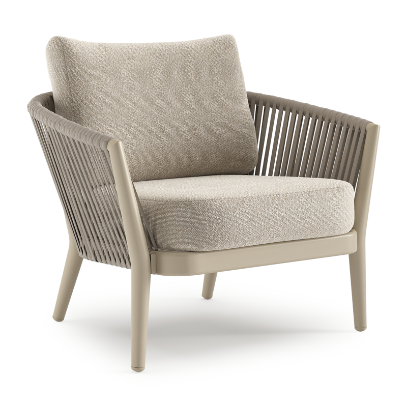 Orso loungestoel in beige aluminium en beige verticaal geweven luxe vlakke rope met Marbella Ecru all weather cosytica kussen