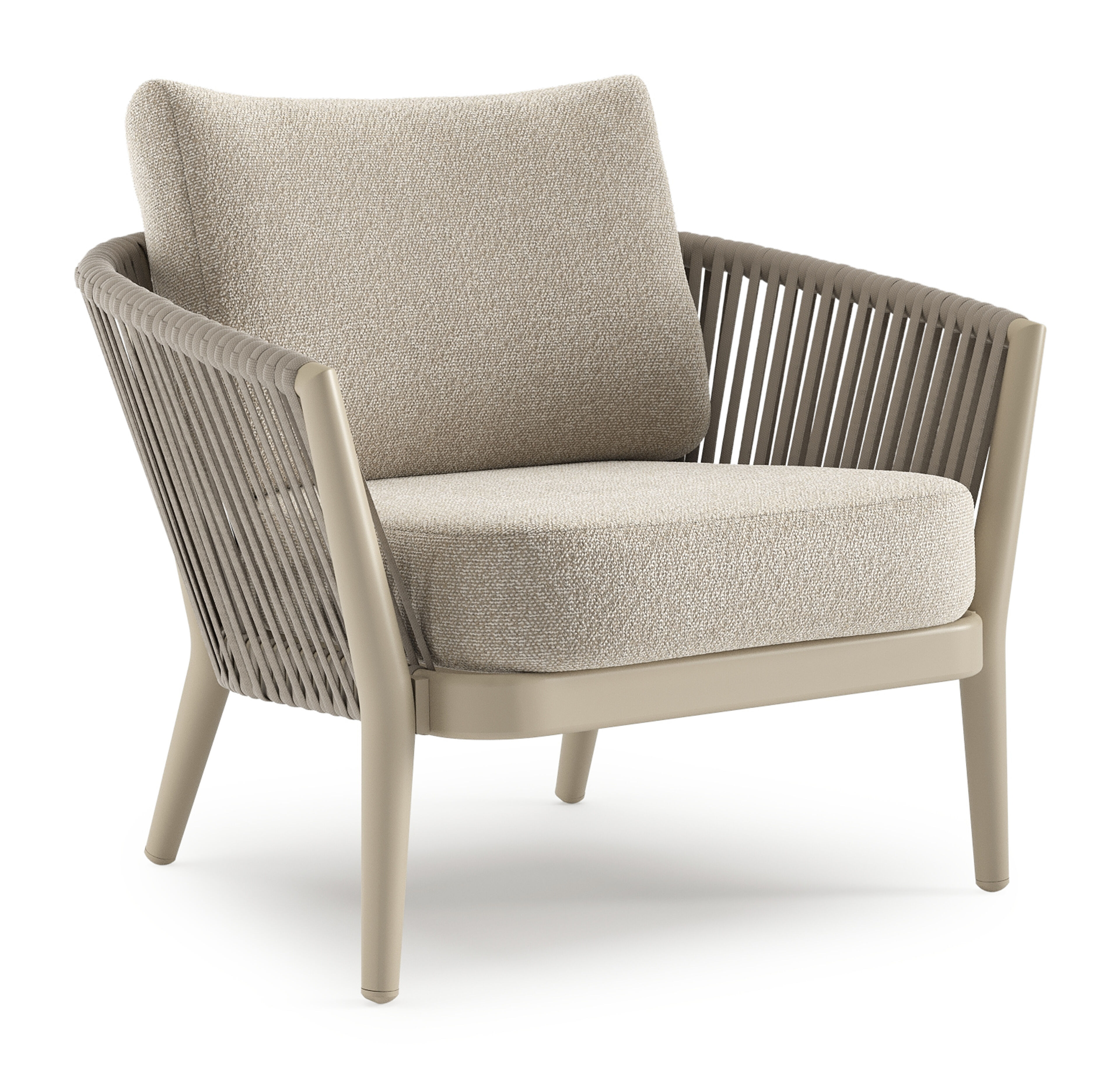Orso loungestoel in beige aluminium en beige verticaal geweven luxe vlakke rope met Marbella Ecru all weather cosytica kussen