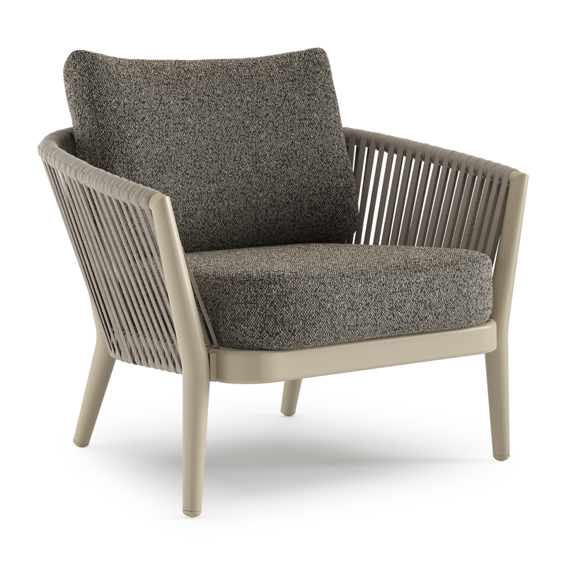 Orso loungestoel in beige aluminium en beige verticaal geweven luxe vlakke rope met Marbella Tunder all weather cosytica kussen