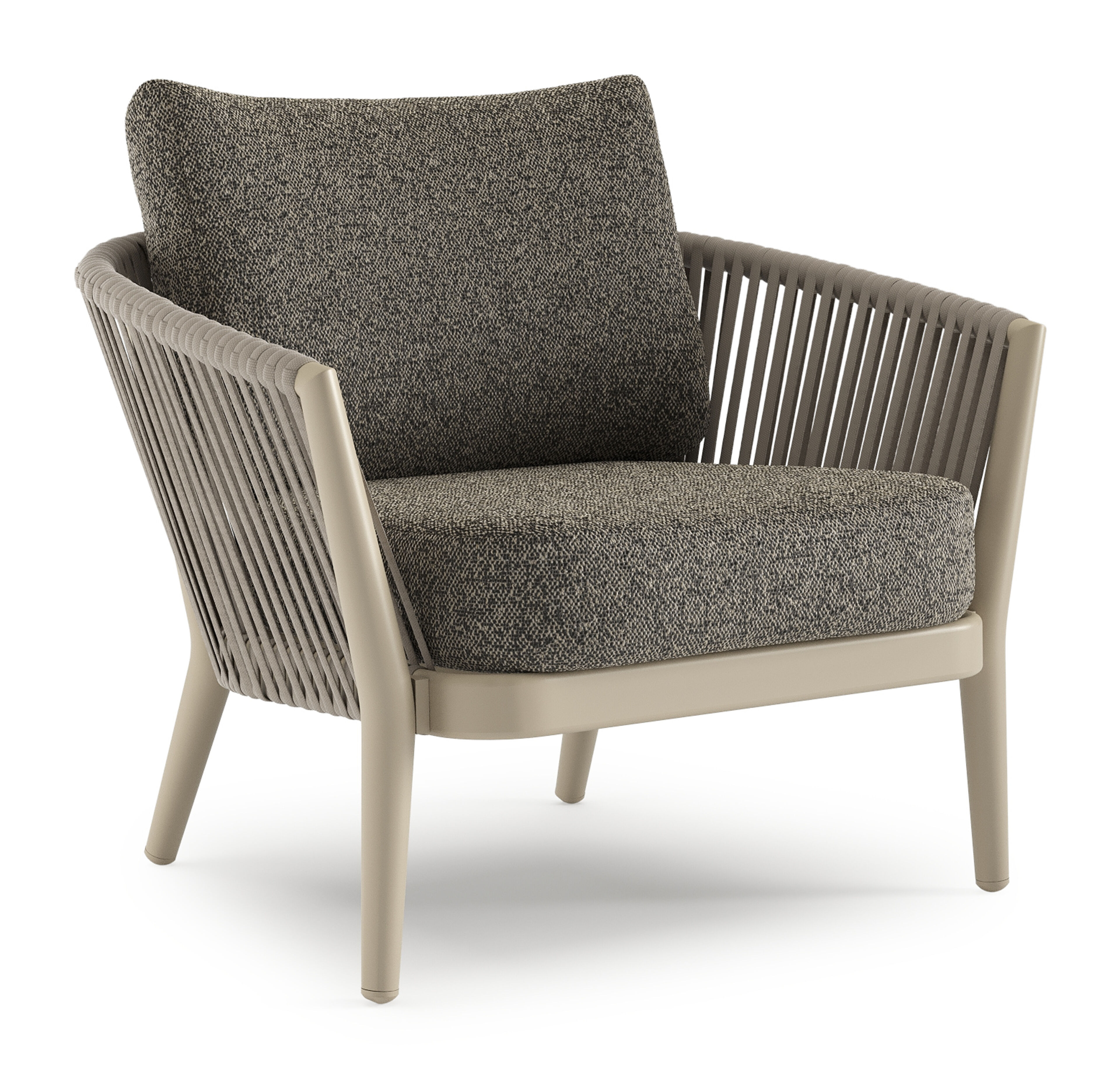 Fauteuil de jardin Orso en aluminium beige en corde luxe plate tissée verticalement beige et coussins en all weather cosytica Marbella Tunder