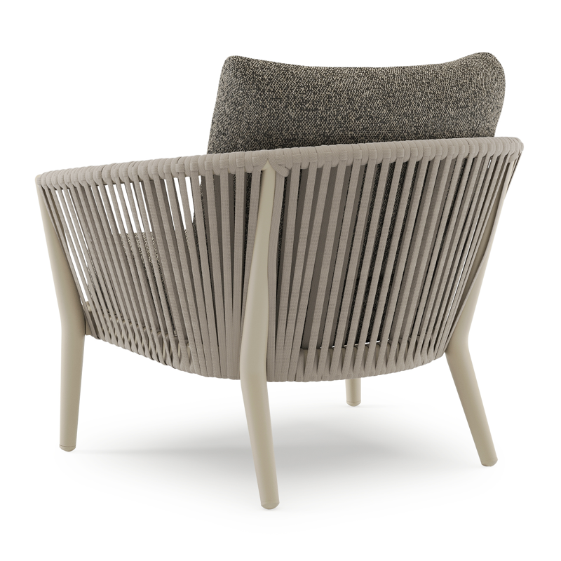 Orso loungestoel in beige aluminium en beige verticaal geweven luxe vlakke rope met Marbella Tunder all weather cosytica kussen