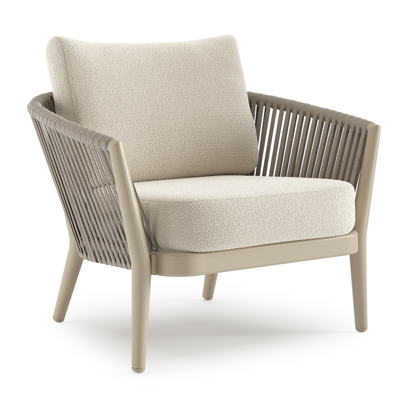 Orso loungestoel in beige aluminium en beige verticaal geweven luxe vlakke rope met Althea Off White all weather cosytica kussen