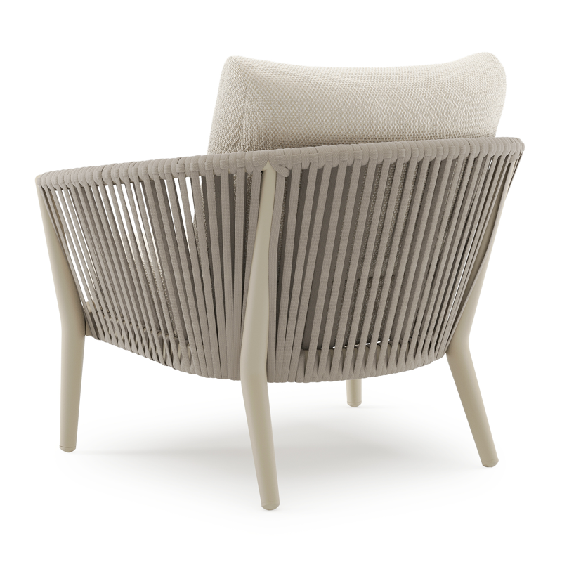 Orso loungestoel in beige aluminium en beige verticaal geweven luxe vlakke rope met Althea Off White all weather cosytica kussen