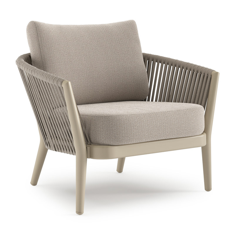 Orso loungestoel in beige aluminium en beige verticaal geweven luxe vlakke rope met Lopi Fossil all weather sunbrella® luxe kussen