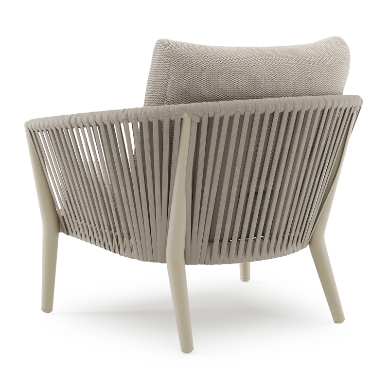 Orso loungestoel in beige aluminium en beige verticaal geweven luxe vlakke rope met Lopi Fossil all weather sunbrella® luxe kussen