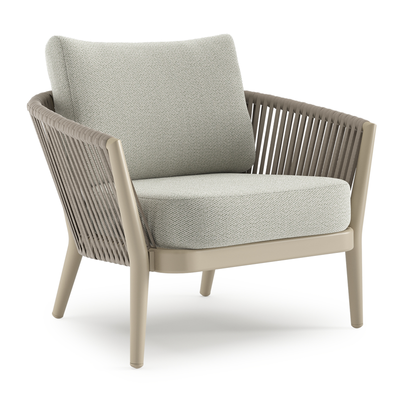 Orso loungestoel in beige aluminium en beige verticaal geweven luxe vlakke rope met Lopi Bud all weather sunbrella® luxe kussen