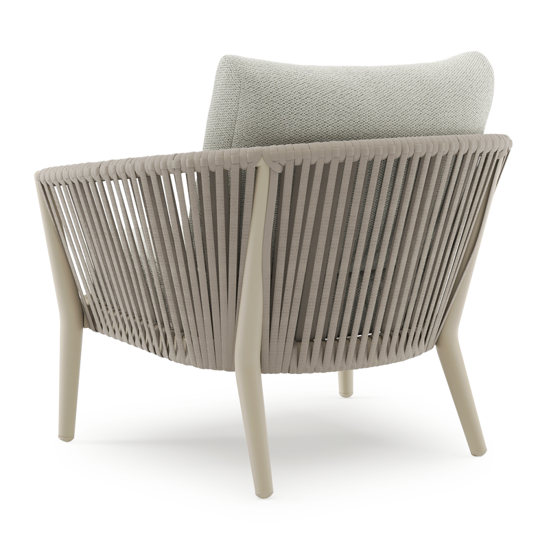 Orso loungestoel in beige aluminium en beige verticaal geweven luxe vlakke rope met Lopi Bud all weather sunbrella® luxe kussen