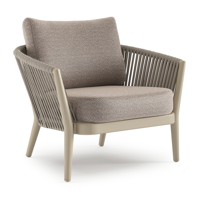 Orso loungestoel in beige aluminium en beige verticaal geweven luxe vlakke rope met Wander Manioc all weather sunbrella® luxe kussen