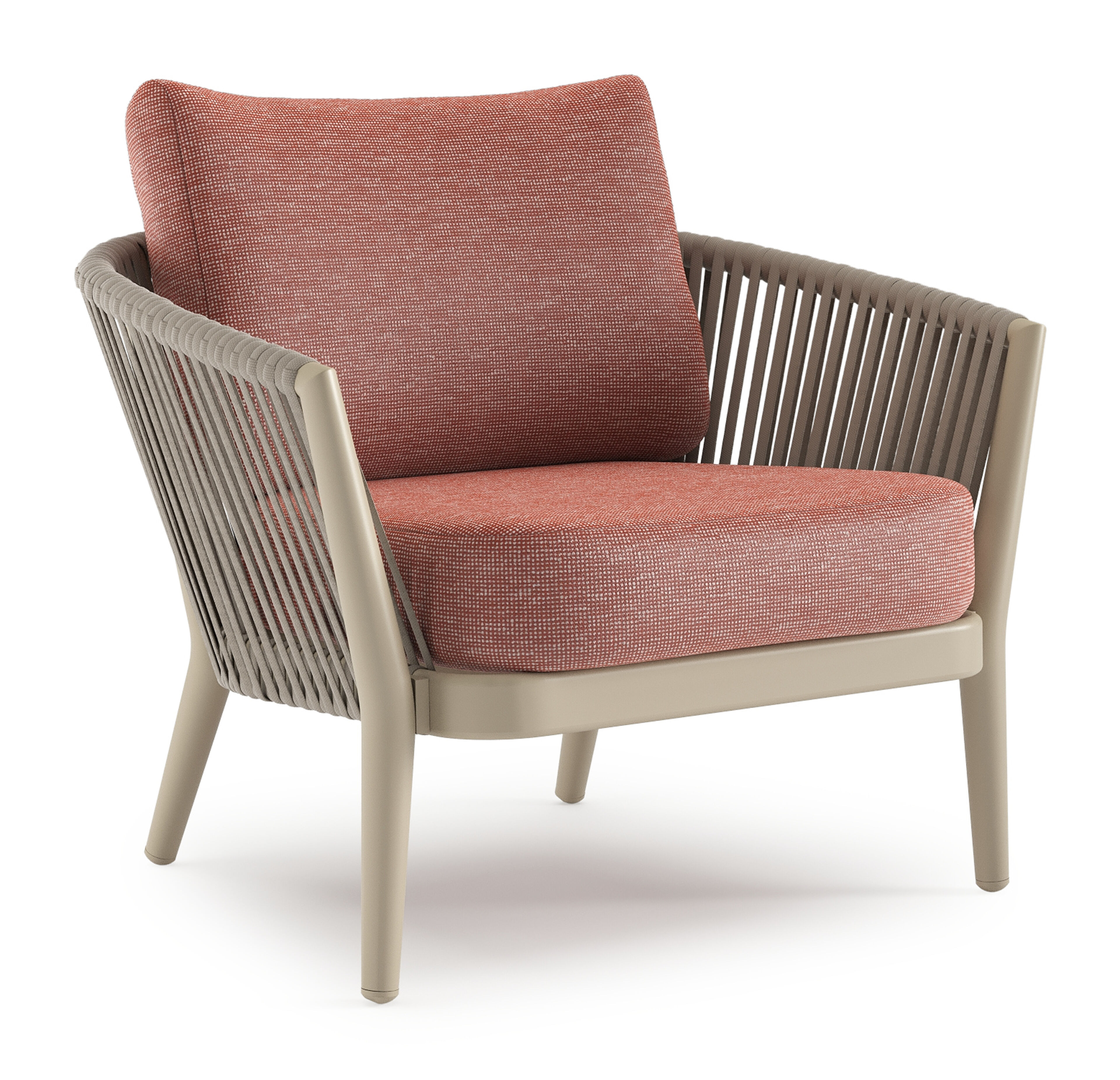 Orso loungestoel in beige aluminium en beige verticaal geweven luxe vlakke rope met Slow Alezan all weather sunbrella® luxe kussen