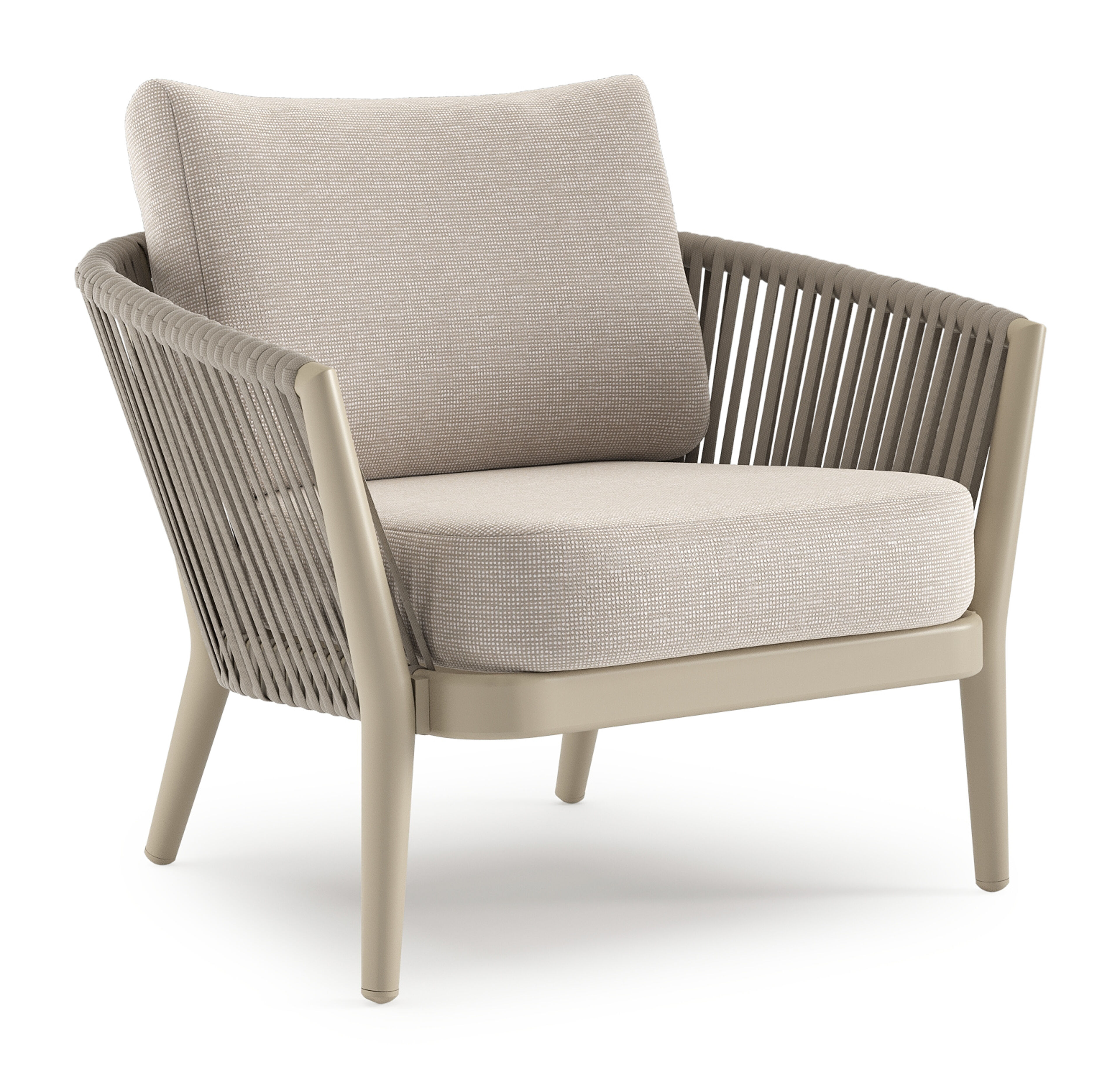 Orso loungestoel in beige aluminium en beige verticaal geweven luxe vlakke rope met Slow Farafra all weather sunbrella® luxe kussen