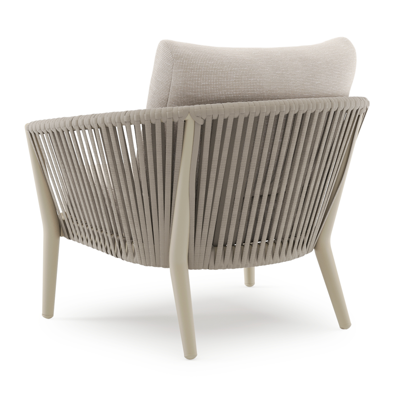 Orso loungestoel in beige aluminium en beige verticaal geweven luxe vlakke rope met Slow Farafra all weather sunbrella® luxe kussen