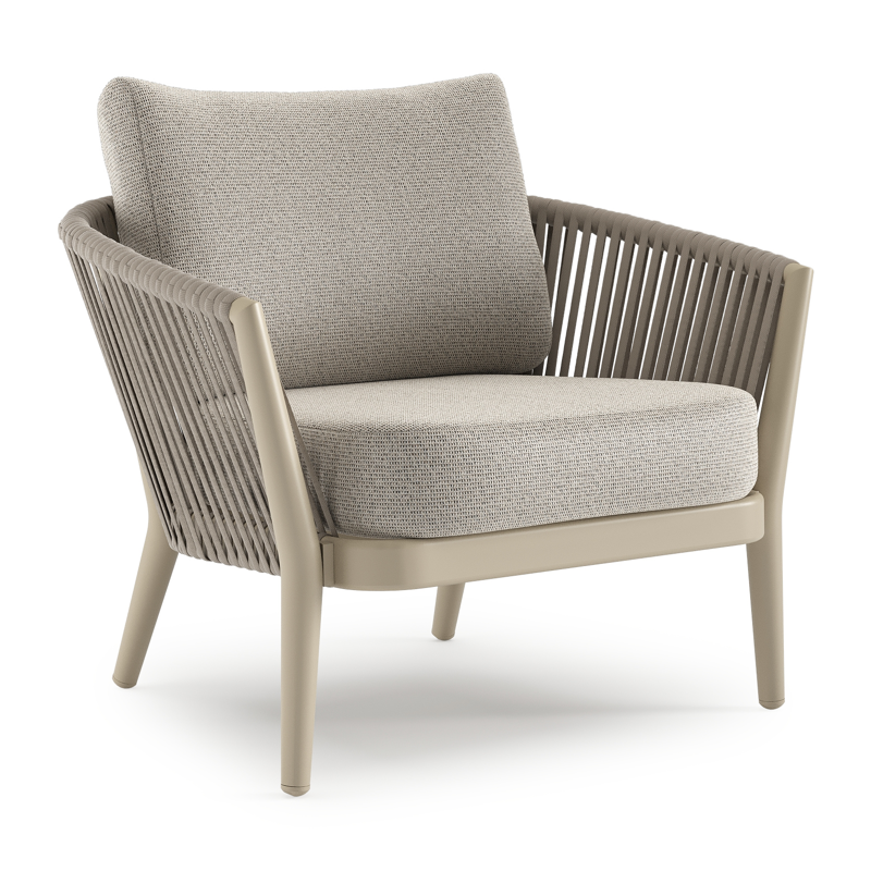 Orso loungestoel in beige aluminium en beige verticaal geweven luxe vlakke rope met Firenze Sand all weather solica kussen