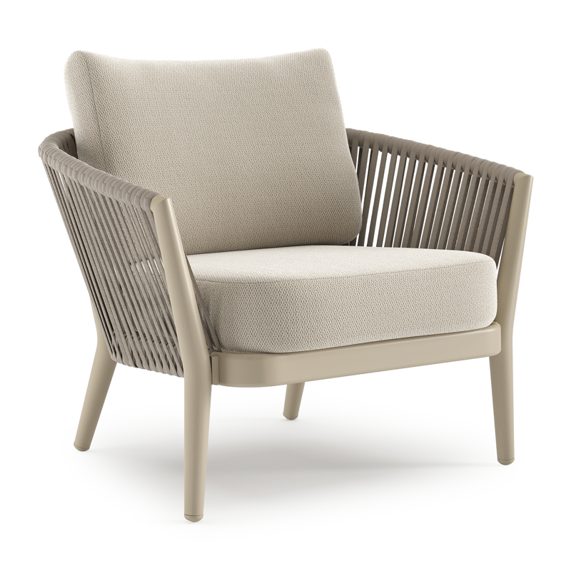 Orso loungestoel in beige aluminium en beige verticaal geweven luxe vlakke rope met Lopi Marble all weather sunbrella® luxe kussen