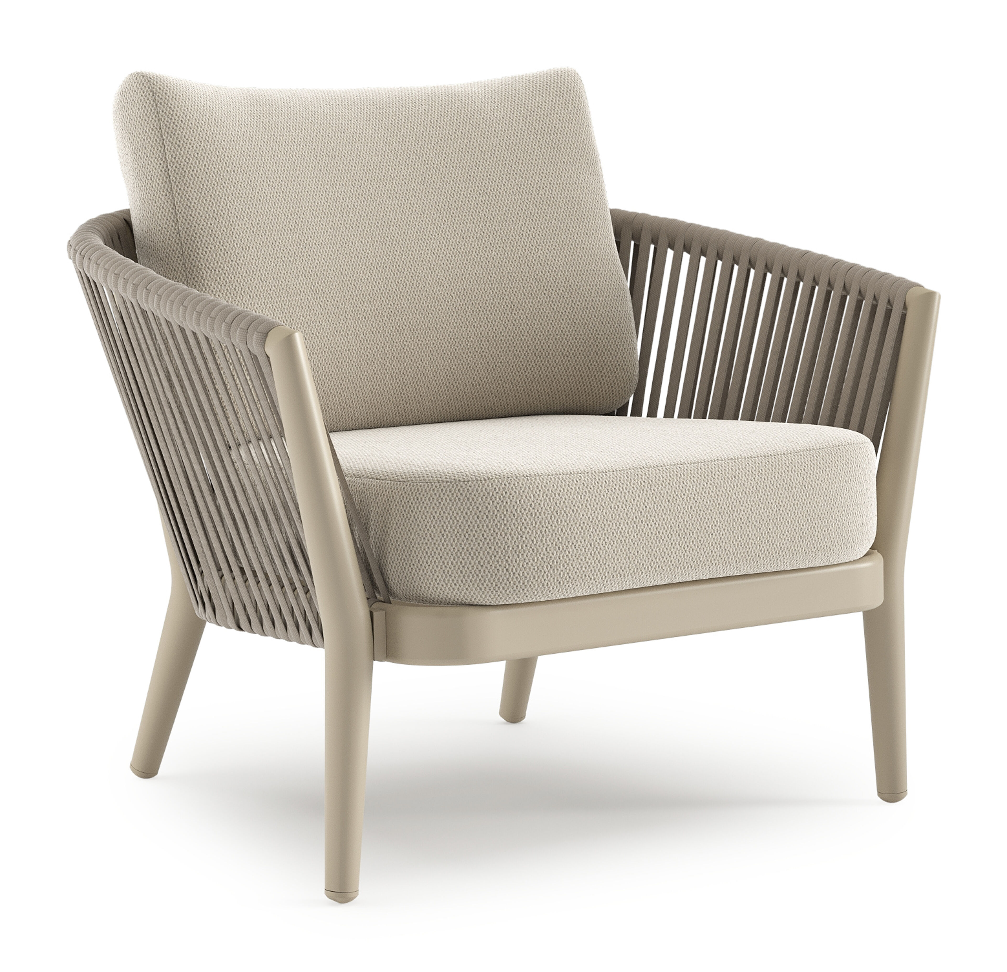 Fauteuil de jardin Orso en aluminium beige en corde luxe plate tissée verticalement beige et coussins en all weather sunbrella® luxe Lopi Marble