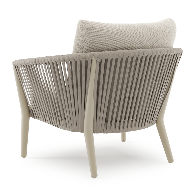 Orso loungestoel in beige aluminium en beige verticaal geweven luxe vlakke rope met Lopi Marble all weather sunbrella® luxe kussen