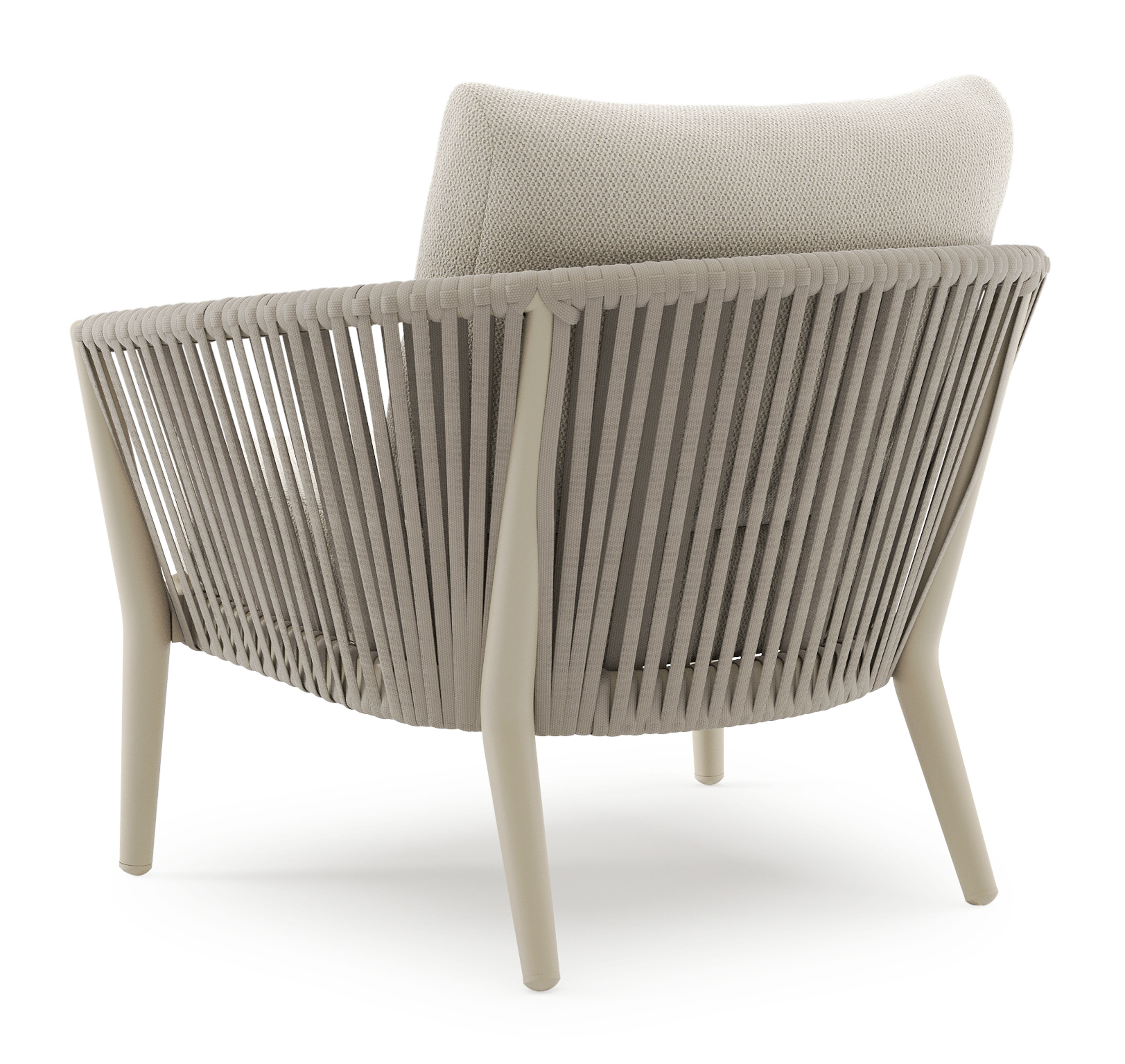 Fauteuil de jardin Orso en aluminium beige en corde luxe plate tissée verticalement beige et coussins en all weather sunbrella® luxe Lopi Marble