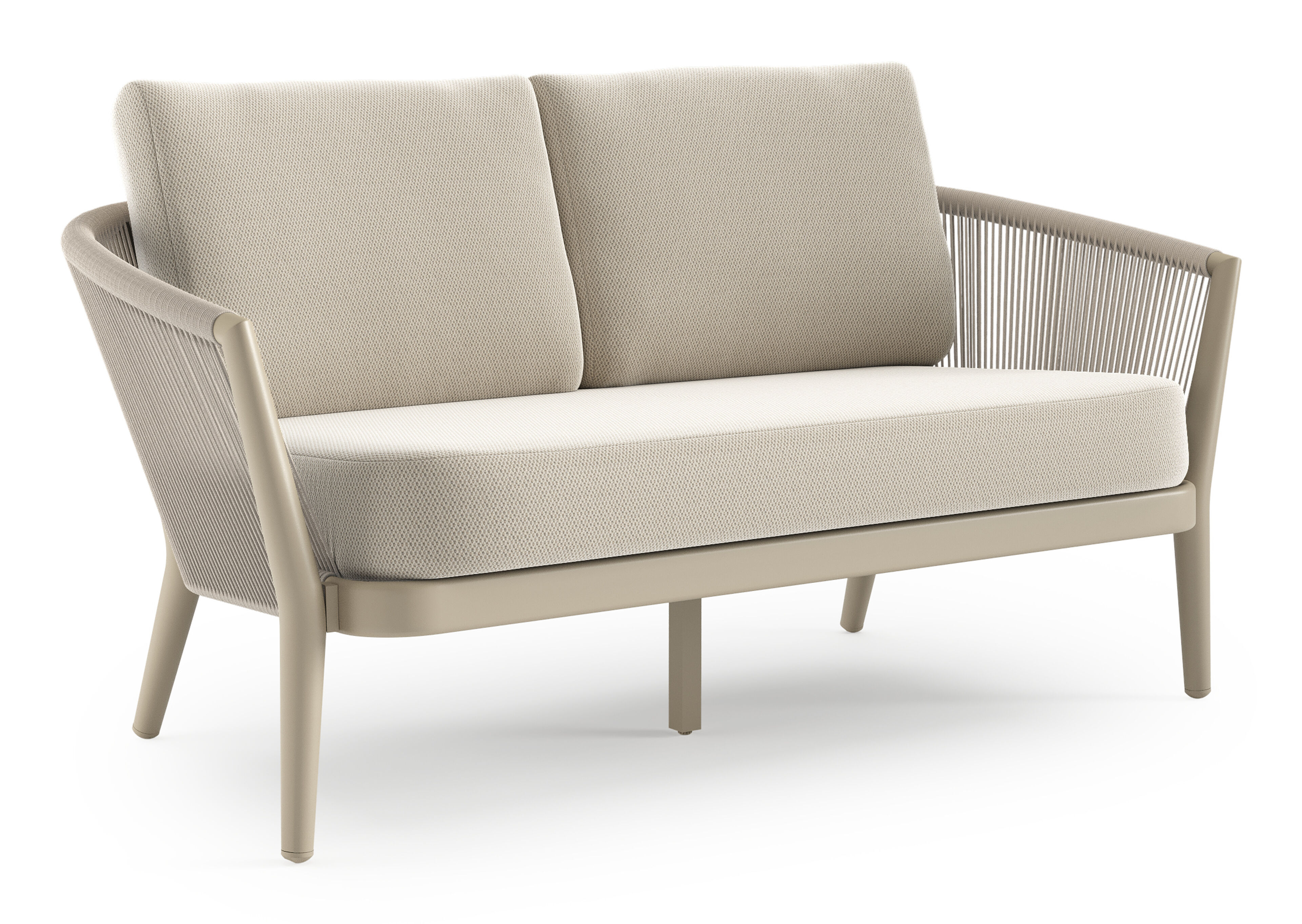 Orso loungebank in beige aluminium en beige verticaal geweven ronde rope met Lopi Marble all weather sunbrella® luxe kussen