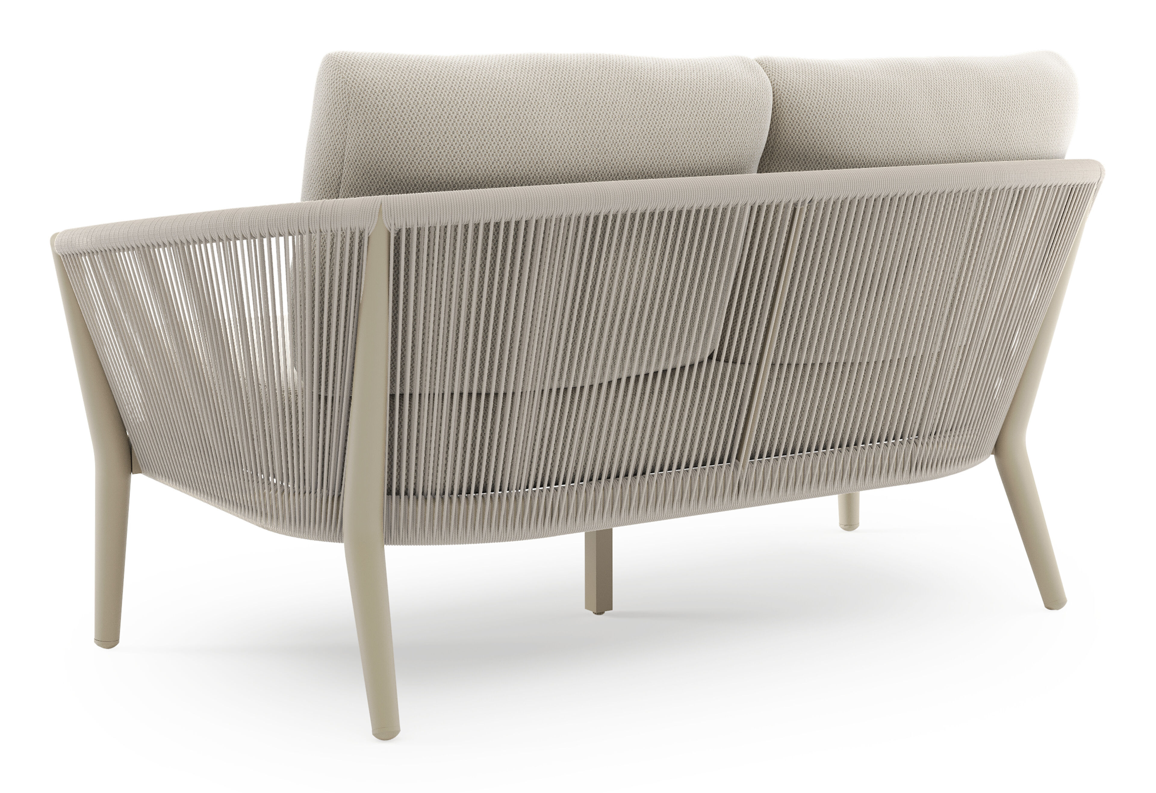 Orso loungebank in beige aluminium en beige verticaal geweven ronde rope met Lopi Marble all weather sunbrella® luxe kussen