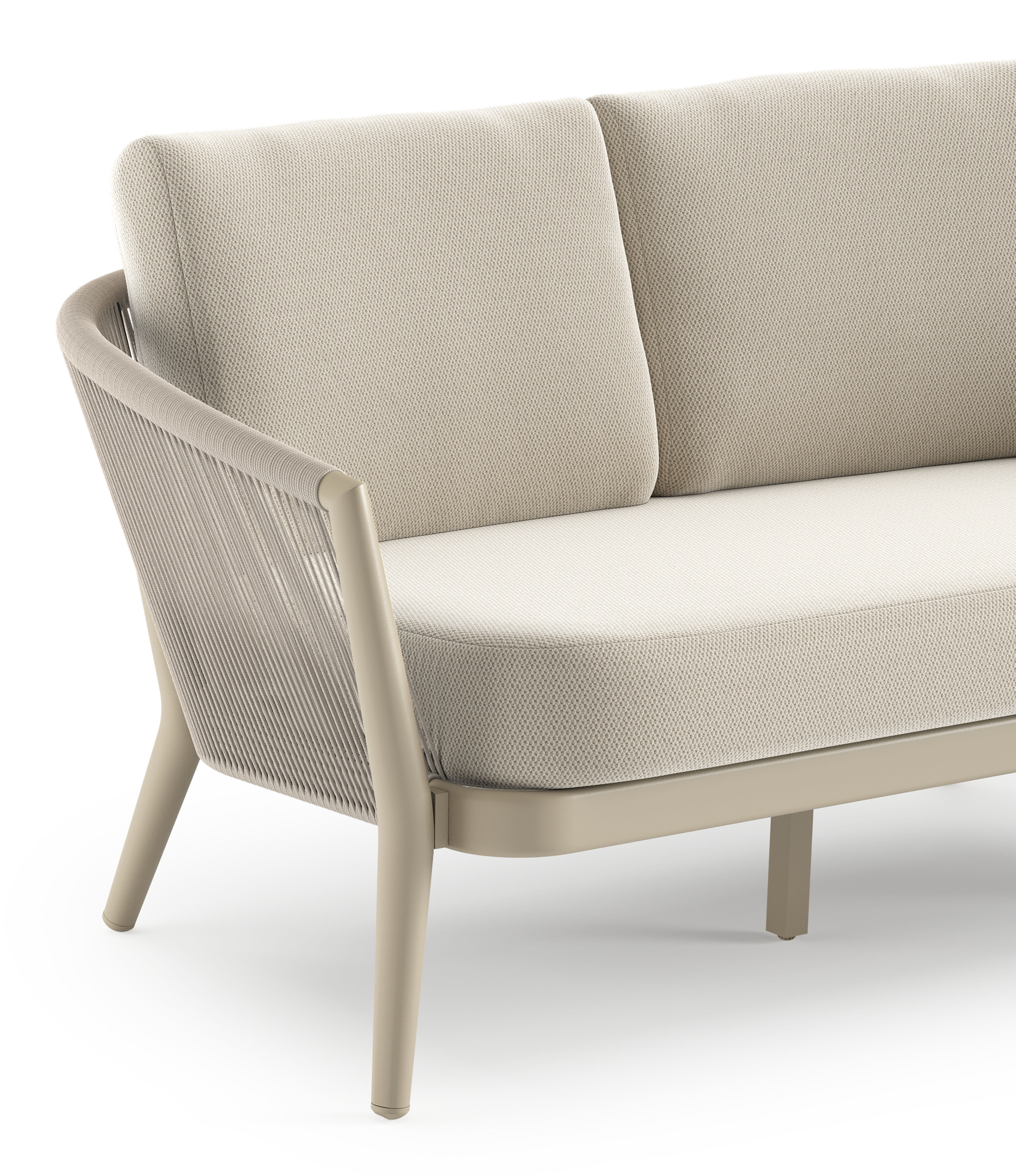 Orso loungebank in beige aluminium en beige verticaal geweven ronde rope met Lopi Marble all weather sunbrella® luxe kussen