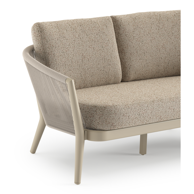Canapé de jardin Orso en aluminium beige en corde ronde tissée verticalement beige et coussins en all weather cosytica Bora Jungle